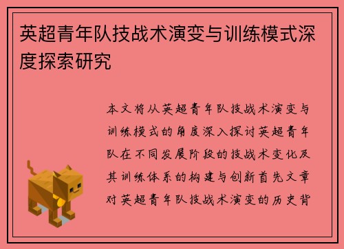 英超青年队技战术演变与训练模式深度探索研究
